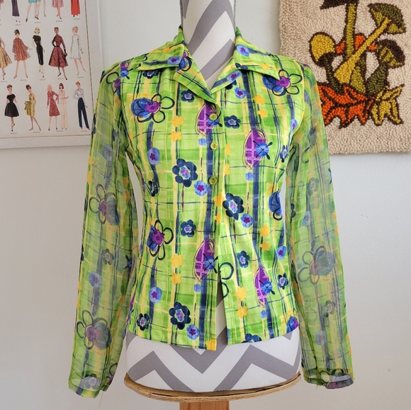 No Boundaries | 90s Vintage Half Button Up Floral Plaid Blouse - Picture 1 of 6
